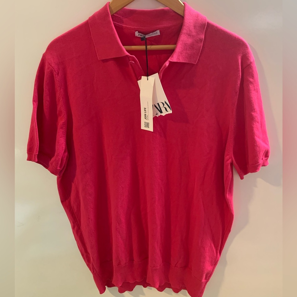 New Zara woman’s Vibrant Polo Shirt in pink Barbiecore size M Casual With Collar